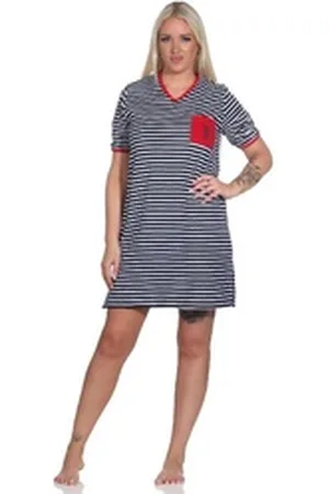 Normann Nachthemd Damen Frottee Kurzarm Nachthemd Strandkleid in maritimer Optik blau 40-42