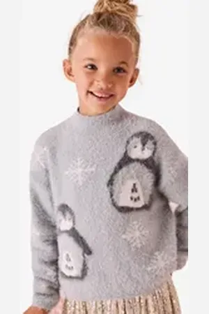 Next Rundhalspullover Pullover mit weihnachtlichem Pinguinmotiv (1-tlg) grau 152 (12 J.)
