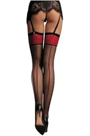 Fiore di Lucia Milano Strapsstrümpfe Sensual (Packung, 1 Paar) Strapsstümpfe mit rotem Arabesken-Motiv und Kontrast-Naht bunt|schwarz 4 (L)