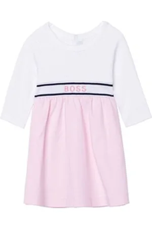 HUGO BOSS A-Linien-Kleid Baby Kleid langarm Jacquard Logo rosa weiß 12 Monate (74-80)