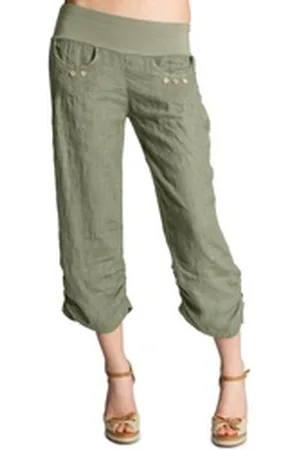 CASPAR Leinenhose KHS017 Damen 3/4 Hose aus robustem Leinen mit breitem Stretch Bund - Made in Italy grün XL - DE42 UK14 IT46 ES44 US12