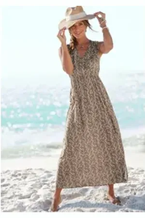 Buffalo Maxikleid im Alloverprint mit V-Ausschnitt und Schlitz, Sommerkleid, Strandkleid grün 40