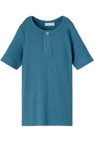 NAME IT T-Shirt geripttes T-Shirt mit Knopf in Unifarbe blau 92