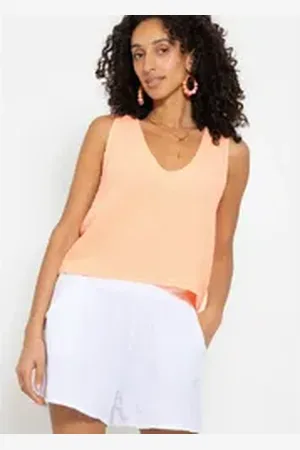 SASSYCLASSY Tanktop Musselin Top mit ärmellosen Design Baumwoll Top mit V-Ausschnitt, Saumabschluss und breiten Trägern orange S