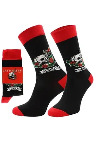 Chili Lifestyle Freizeitsocken TATTOO Lustige Socken mit Spruch Banderole als Geschenksocken (Paar, 1-Paar, Mit Spruchbanderole) Weichbund ohne Gummidruck rot|schwarz 41-45