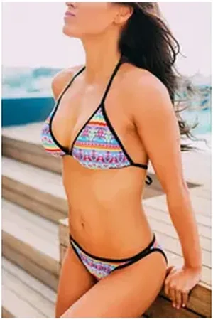 AvaMia Triangel-Bikini Bikini Set Bikinitop & Bikinihose Low mit Schnürbindung Triangel 07 (Bikinitop und Bikinihose) Yoga Muster Bunt Sommer Streifen bunt L