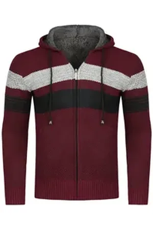 Allthemen Cardigan Herren Strickjacke mit Kapuze Männer Cardigan Grobstrick Kapuzenjacke rot L