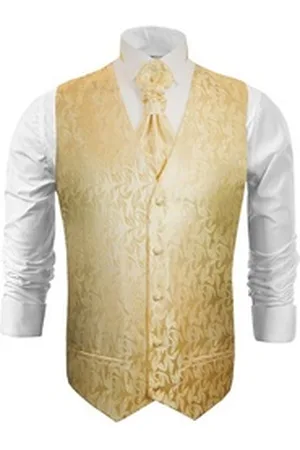 Paul Malone Anzugweste Herren Hochzeitsweste mit Plastron Set 2tlg florale - Bräutigam (Set, 2-tlg., mit Weste und Plastron) creme gold V15, Gr. 62 (4XL) gelb 62