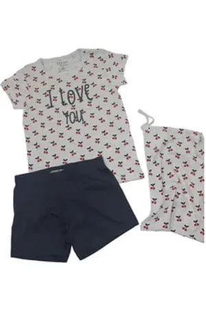 Losan Shorty Mädchen Shorty Pyjama kurz Kirschen hellgrau blau (3 tlg) blau|grau 128