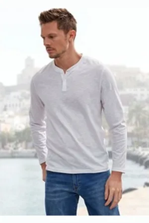 H.I.S H.I.S Henleyshirt Langarm, Shirt mit Knopfleiste aus strukturierter Baumwoll-Qualität weiß S (44/46)