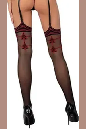 LivCo Corsetti Strapsstrümpfe Straps-Strümpfe mit elegantem Muster - schwarz, rot schwarz M