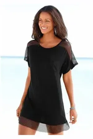 QS by s.Oliver Longshirt mit Mesheinsätzen, Shirtkleid, Strandkleid, lockere Passform schwarz 40/42
