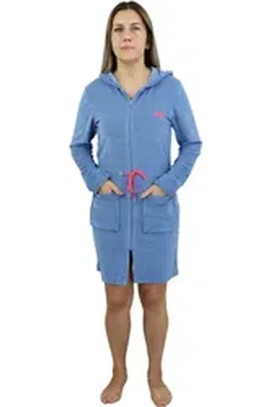 KangaROOS Damenbademantel Kira, ideal für Sauna & Spa, Hotelbademantel, Morgenmantel, Kurzform, Leichtfrottier, Kapuze, Reißverschluss, mit Bindekordel, kurz, Bademäntel für Damen, XS-3XL blau M | 90 cm