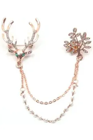 Firetti Brosche Schmuck Geschenk Ansteckschmuck Gliederkette Perle, Hirsch, Baum, mit Glasstein - mit Acrylperle goldfarben|grün