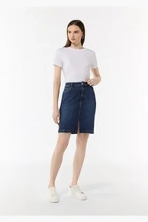Comma, Comma casual identity Minirock Denimrock mit vorderseitigem Schlitz Schlitz blau 36