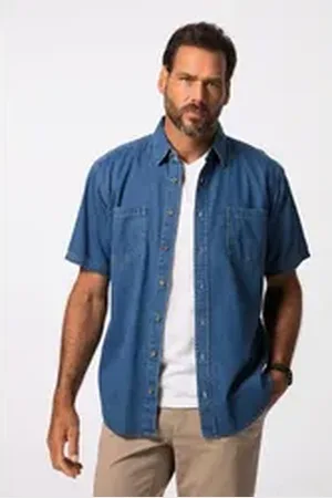 JP 1880 Kurzarmhemd Denimhemd Denim Halbarm Modern Fit Passform blau 4XL
