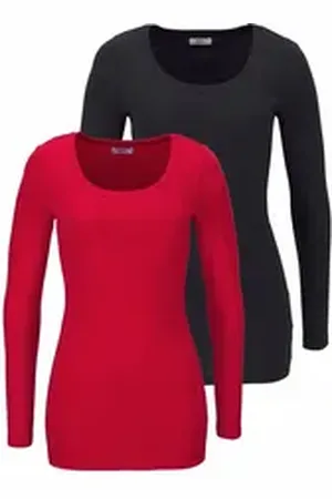 FLASHLIGHTS Langarmshirt (Packung, 2-tlg) sehr figurbetonter Schnitt, Rundhalsausschnitt, aus 100% Baumwolle rot|schwarz 52/54 (XXL)