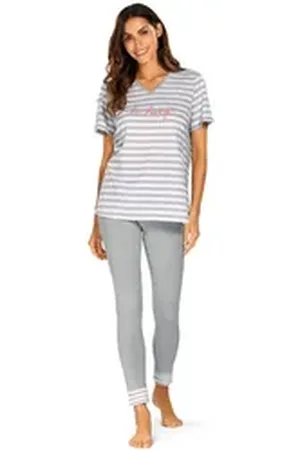 Comtessa Schlafanzug (Set, 2 tlg., 2-teilig) Damen Pyjama 2-teilig Baumwolle 7/8 Leggings Ringel grau|lila 46