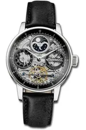 INGERSOLL 1892 Quarzuhr Herrenuhr Leder schwarz, (Analoguhr), Herrenuhr Lederarmband schwarz, rundes Gehäuse, groß (ca. 42mm) schwarz