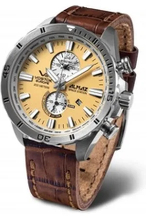 Vostok Chronograph Almaz Herrenuhr, 47 mm Gehäuse, gelbes Zifferblatt, 320A655-L, braunes Lederarmband, sportlich-elegantes Design