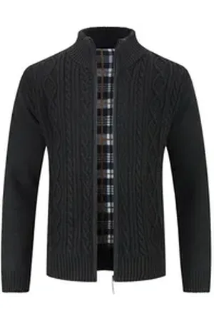 Allthemen Cardigan mit Stehkragen Herren warme Strickjacke schwarz M