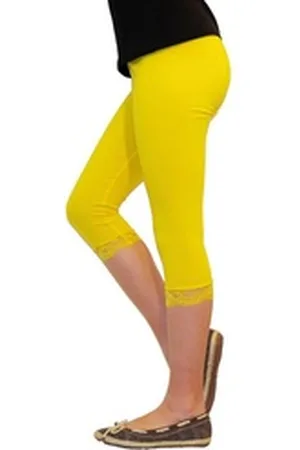 Yeset Caprihose Mädchen Kinder Leggings Leggins Hose Capri 3/4 kurz Spitze Baumwolle G gelb 128