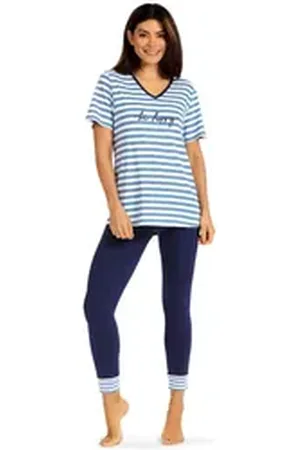 Comtessa Schlafanzug (Set, 2 tlg., 2-teilig) Damen Pyjama 2-teilig Baumwolle 7/8 Leggings Ringel blau|lila 50