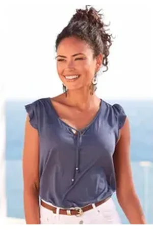 Buffalo Strandshirt mit Spitzeneinsatz am Rücken und Rüschendetail, Kurzarmshirt blau 44/46