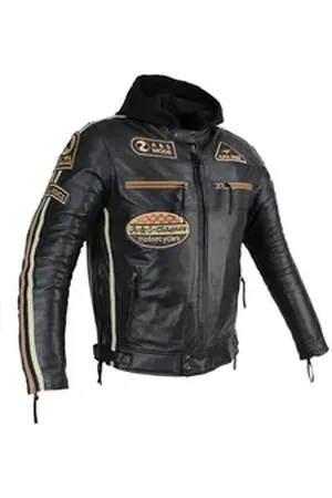 ALPHA Motorradjacke Herren Leder Jacke Biker Freizeit Highway Jacke Braun/Beige Streifen (Trennbare Innenjacke + Kapuze) aus weichem Lammleder, mit herausnehmbare Protektoren XS