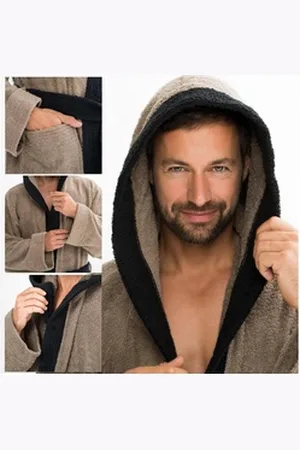 Aqua Bademantel Saunamantel Frottee Kapuze für Sie&Ihn Sylt taupe/schwarz XS, Baumwolle schwarz XS