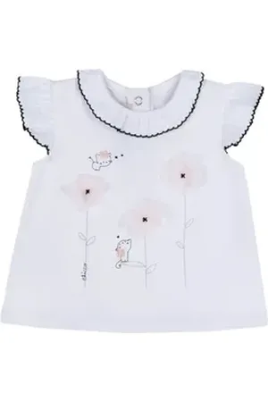 chicco T-Shirt T-Shirt (1-tlg) Mädchen T-Shirt mit Rüschen und Blumenstickerei – Weiß weiß 74