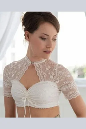 MY CHOICE Dirndlbluse Spitze hochgeschlossen mit raffiniertem Ausschnitt creme 1/2 Arm (1-teilig) edle Spitze,teilweise mit Jersey unterlegt, made in Europe weiß 46
