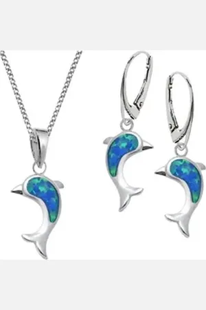 Goldene Hufeisen Schmuckset Set synth. Opal Delfin Brisur Ohrringe Anhänger 40cm Kette 925 Silber (4-tlg, inkl. Geschenk-Etui), Mädchen Geschenkset blau|silberfarben