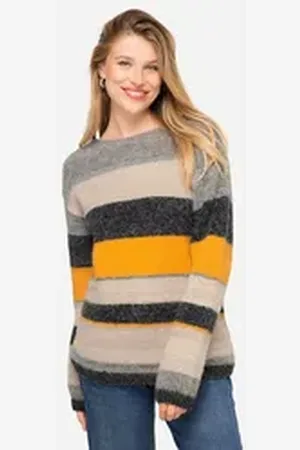 Laurasøn Laurasøn Fleecepullover Pullover Ringelstrick Wollanteil Rundhals Langarm grau|schwarz L