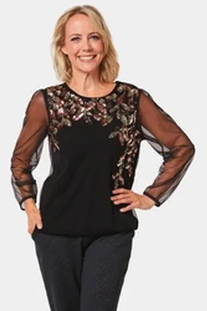 GOLDNER Langarmshirt Shirt mit aufwendiger Paillettenstickerei schwarz 42