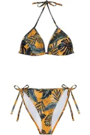 AvaMia Triangel-Bikini Damen Bikini Set Bikinitop und Bikinihose Low mit Schnürbindung (Bikinitop und Bikinihose, Bikinitop und Bikinihose) Blätter Blatt Bikiniset Triangel Jungel Dschungel Grün Braun braun|grün S