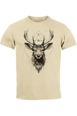 Neverless Print-Shirt Herren T-Shirt Hirsch Trachtenshirt Tiermotiv WildTier Abstrakt mit Print beige XL