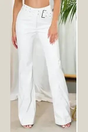 Koucla Treggings Damenhose Wetlook mit Schnalle, Lederoptik weiß S (34/36)