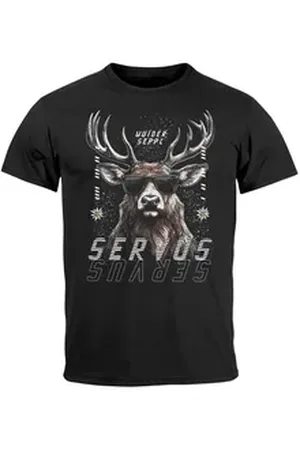 Neverless Print-Shirt Herren T-Shirt Servus Hirsch Trachtenshirt Modern Techno Style mit Print schwarz L
