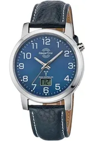 Master Time Funkuhr Basic MTGA- 10493-32 L, Armbanduhr, Quarzuhr, Herrenuhr, Datum, Leuchtzeiger, Lederarmband blau