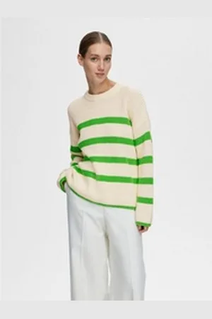 SELECTED FEMME Strickpullover Gestreifter Pullover Oversize Design Grobstrick Sweater SLFBLOOMIE LS KNIT O-NECK NOOS grün XXL