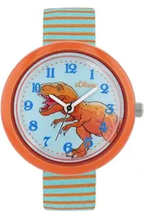 QS by s.Oliver Quarzuhr 2038608, Armbanduhr, Kinderuhr, Jungenuhr, Dinosaurier, Geschenkidee orange