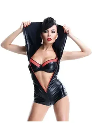 Demoniq T-Shirt-Body Kapuzenbody Hoshi inkl. Bügel-BH Wetlook-Body mit Kapuze rot|schwarz 2XL