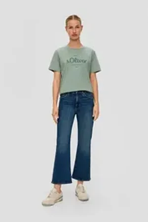 QS by s.Oliver 5-Pocket-Jeans Cropped Jeans / High Rise / Flared Leg / Baumwollstretch Leder-Patch blau 34