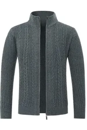 Allthemen Cardigan Herren Strickjacke mit Reißverschluss Grobstrick mit Stehkragen grau XL