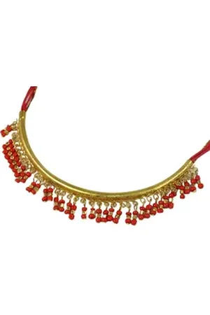 GURU-SHOP Perlenkette Modeschmuck Kette - gold/rot bunt|rot