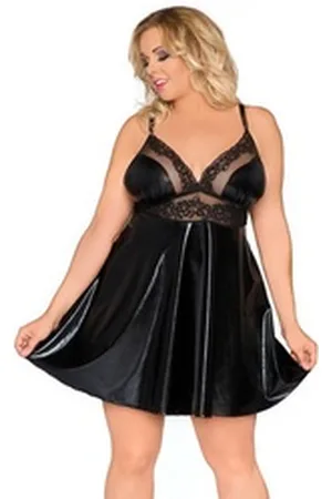 Andalea Negligé Wetlook Negligee mit Spitze Babydoll Romantisches Chemise, Made in EU schwarz 50/52