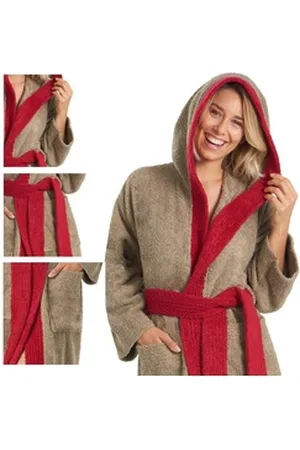 Aqua Bademantel Saunamantel Frottee Kapuze für Sie&Ihn Sylt taupe/bordeaux M, Baumwolle braun M