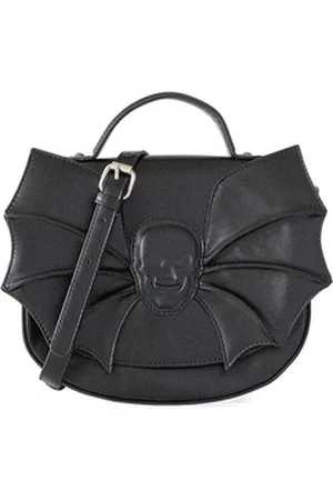 Banned Retro Schultertasche Silent Creature, Gothic Totenkopf Fledermaus Applikation schwarz
