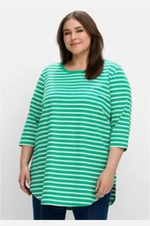 Sheego Longshirt Große Größen mit Streifen und Nacken-Reißverschluss grün 48/50
